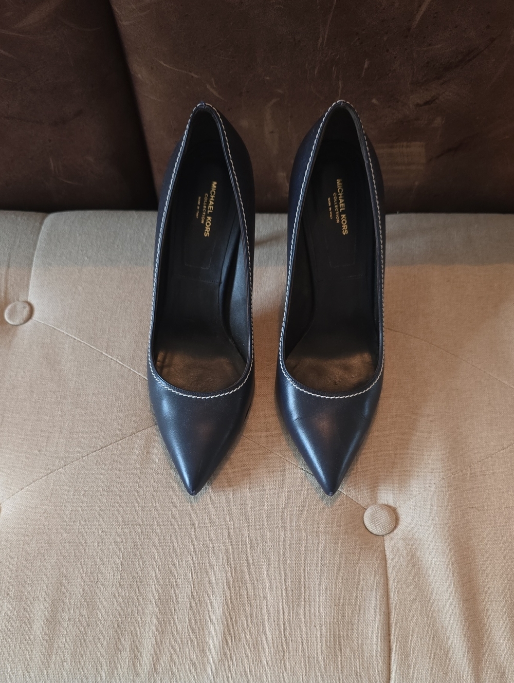 Michael Kors Collection Black Pointed Toe Pumps with White Topstitch